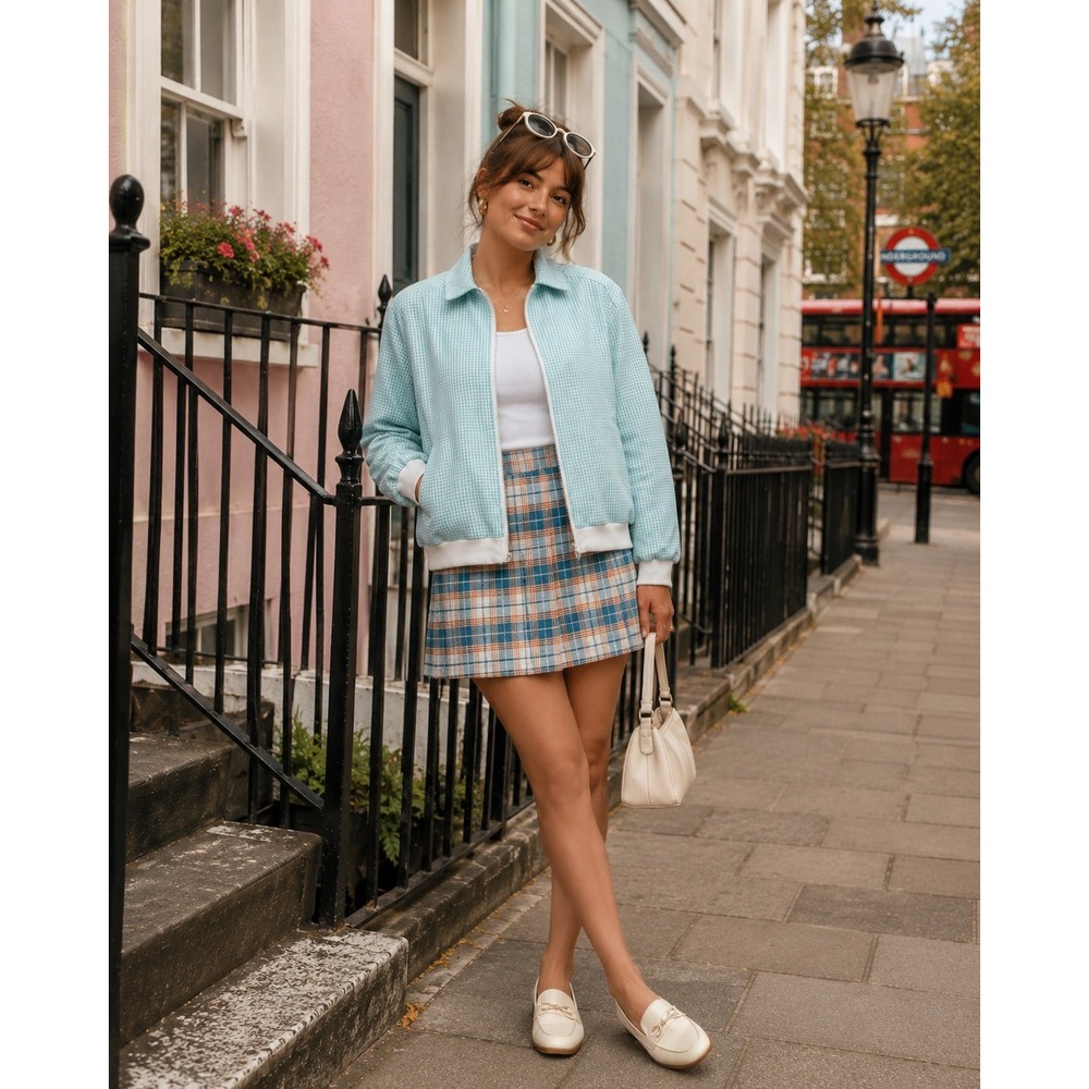 Catalina Vintage Gingham Bomber Jacket Teal White Plaid Zip Up Shoulder Pads L